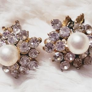 COPY - Vintage Pearl & Rhinestone Gold Earrings
